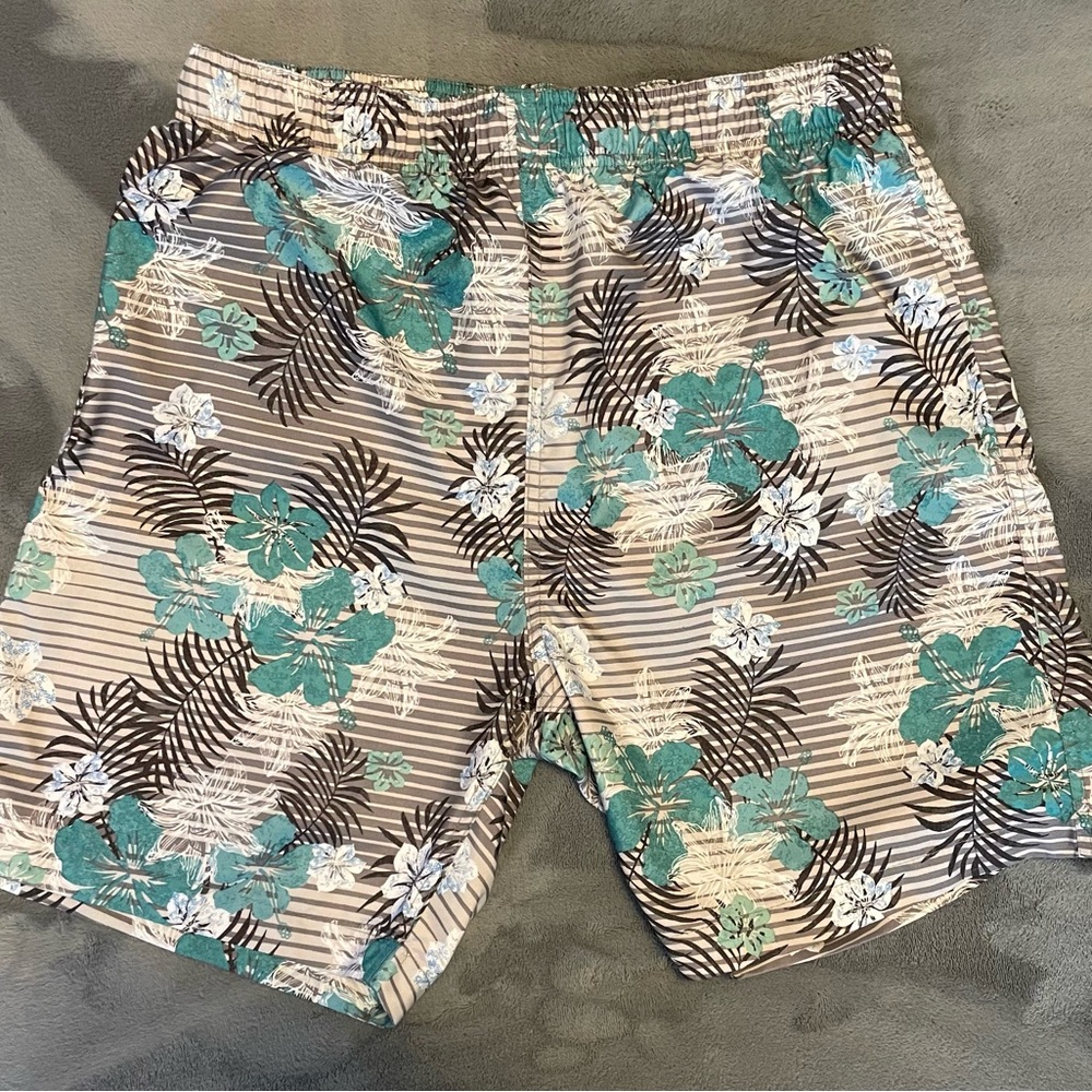 Blue and White Swim Trunks with Tropical Floral Design